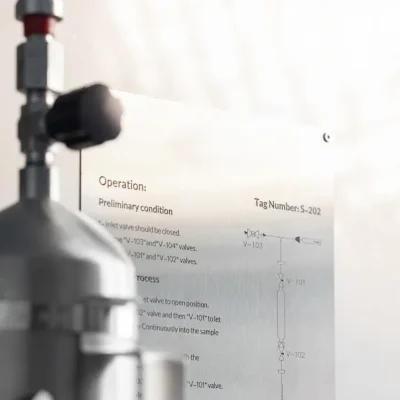 Sampling cylinder beside operating instructions on a stainless-steel panel