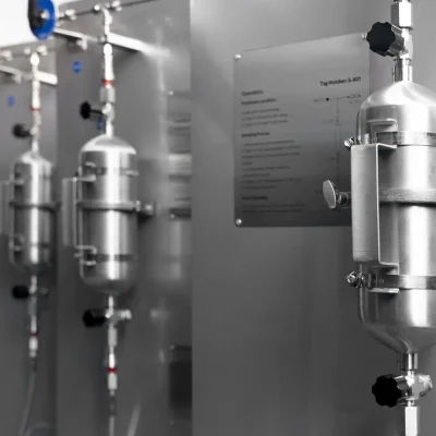 Perspective view of multiple wall-mounted stainless-steel sampling cylinders