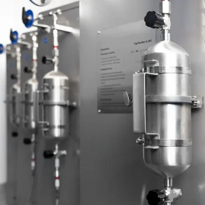 Close-up of a stainless-steel sampling cylinder and mounting bracket