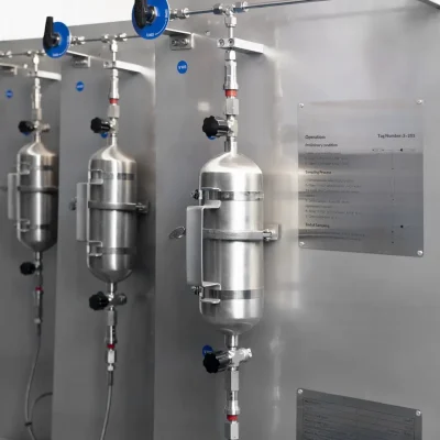 Three stainless-steel sampling cylinders installed on a process sampling panel